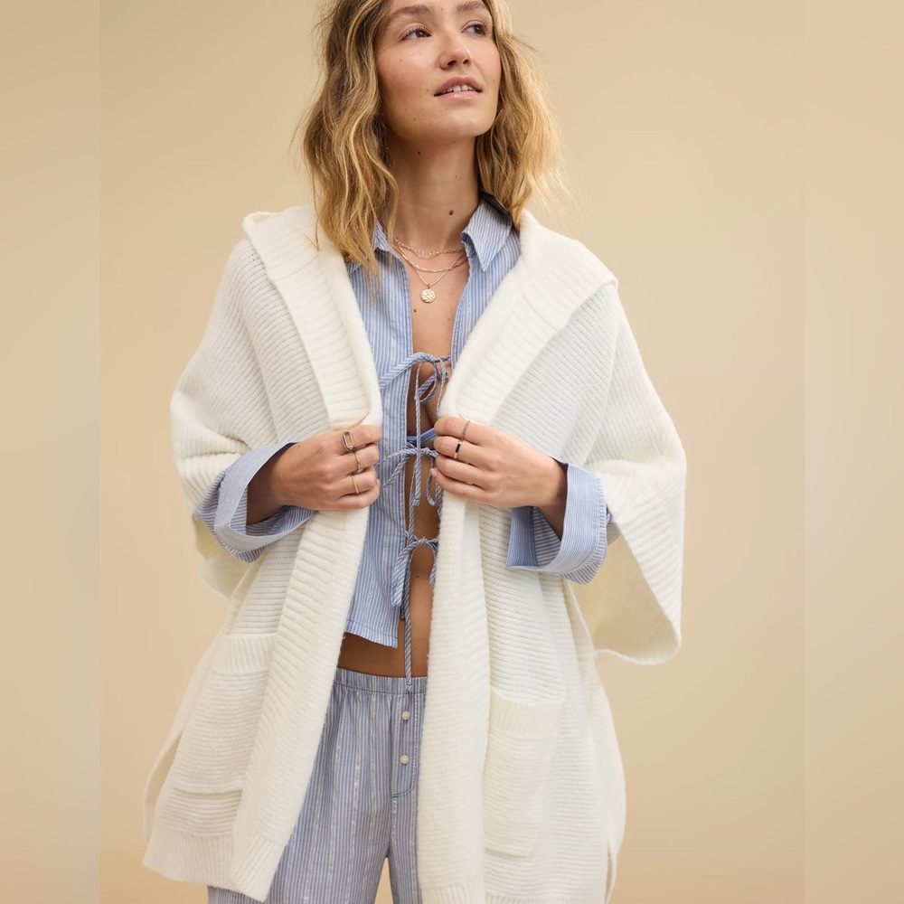 Aerie Cream Hooded Open-Front Knit Cardigan